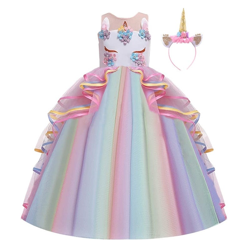 HIHCBF Girls Unicorn Costume Pageant Princess Party Dress Wedding Birthday Christmas Carnival Long Maxi Gown w/Headband Multicolored 6-7T - Image 1